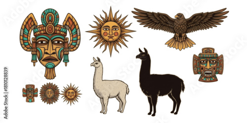 Traditional Peruvian Elements Vector Set: Inca Mask, Sun, Llama, Eagle, Machu Picchu, Alpaca, and Ancient Symbols. Retro South American Culture Illustration.