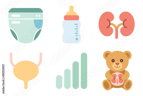 Pediatric urology icons, diaper and bottle, kidneys pair, bladder outline, progress chart bars, smiling teddy bear mascot