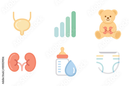Infant urinary health symbols, bladder outline, growth bars, cute teddy, kidneys pair, feeding bottle with drop, clean diaper