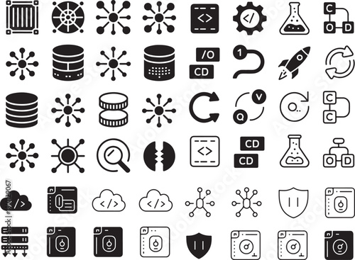 DevOps technology icon set. Containing database servers, api coding, cloud network nodes, continuous integration loops, software deployment, system infrastructure, data engineering and more
