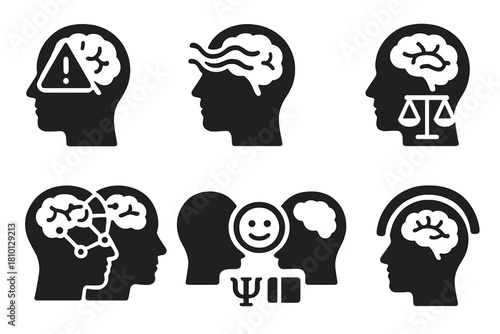 Mental Health Icons. Solid style icons of mental health in telepathic networks: overload alert icon, emotional support wave,