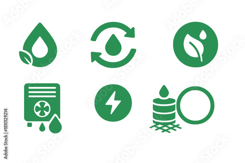 Sustainable Water Icons. Solid style icons of sustainable water harvesting: eco symbol with water drop, recycled moisture icon,
