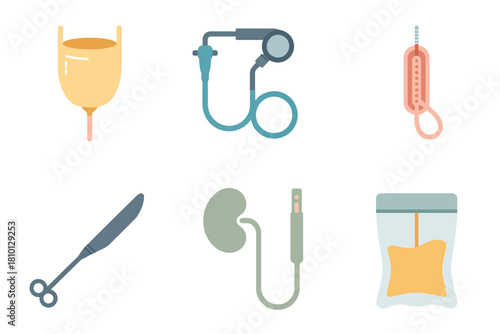 Urology instruments set, urinary catheter tube, drainage bag, stethoscope, thermometer, hemostat scissors, kidney icon, medical equipment vector