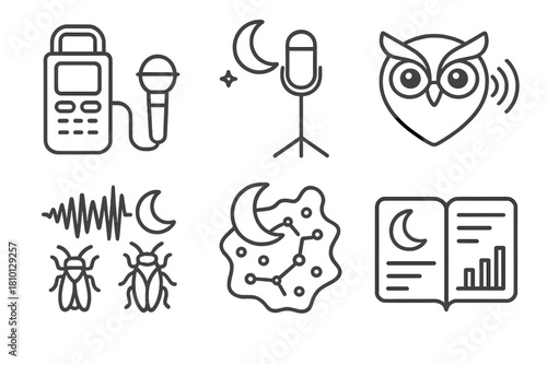 Nocturnal Acoustic Icons. Line style icons of nocturnal acoustic studies: night recording gear, moonlit mic stand, owl call icon,