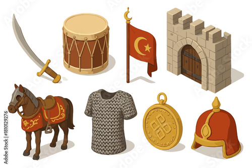 Ottoman Warfare Artifacts. Isometric vector illustration set of Historical warfare: Ottoman curved saber, sultan’s war drum,