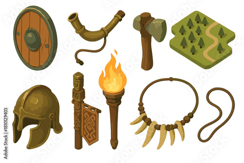 Historical Warfare Artifacts. Isometric vector illustration set of Historical warfare: Celtic shield, war horn, stone axe. Forest