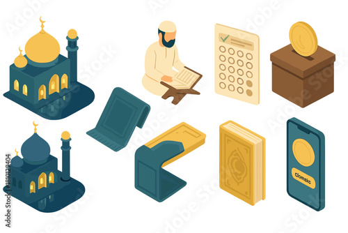 Isometric Islamic Illustrations. Isometric vector illustration set of Islamic: lantern-lit mosque, Quran reciter icon, prayer