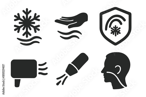 Cold Plasma Icons. Solid style icons of low-temperature plasma use: cold wave icon, gentle arc on tissue, frost arc badge. Chill
