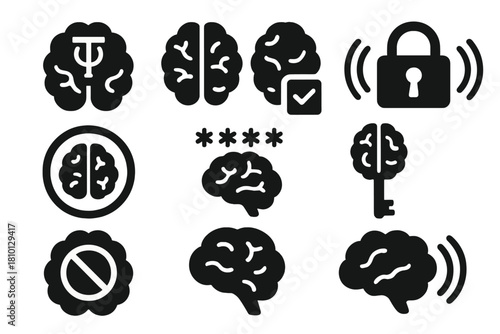 Telepathic Security Icons. Solid style icons of telepathic security layers: psi-authentication icon, multi-factor thought check,