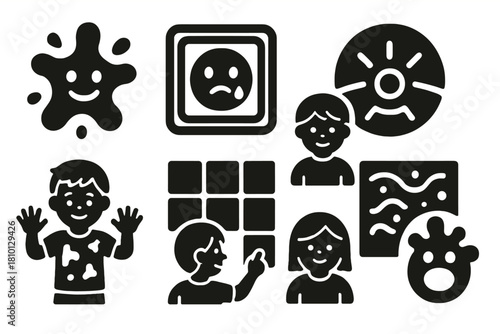 Expressive Child Art. Solid style icons of interactive child emotion art: smiling paint splash, tear-reactive rainbow frame,