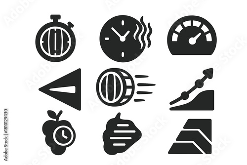 Time-Infused Flavor Icons. Solid style icons of time-flavor infusion: second-based oak marker, hourly aroma scale,