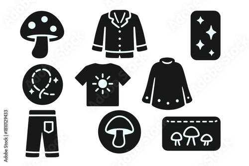 Bioluminescent Fashion Icons. Solid style icons of bioluminescent fashion: glowing mushroom icon, nightwear badge, radiant edge