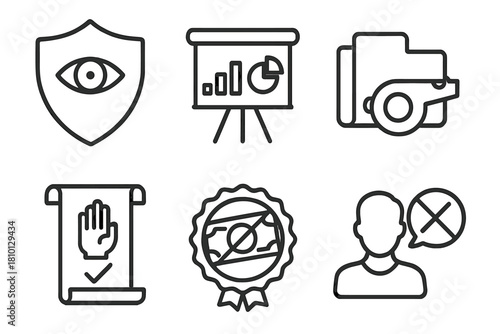 Ethics Icons Collection. Line style icons of ethics and accountability: transparency shield icon, governance audit chart,