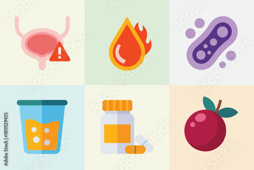 Urinary tract awareness grid, bladder inflammation, flame symbol, bacteria illustration, sample cup, medicine bottle, cranberry fruit, clean vector