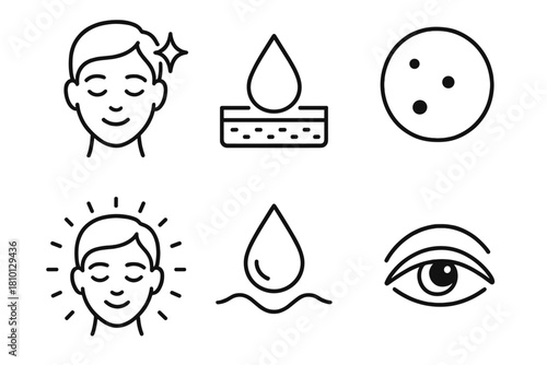 Cryo Skin Recovery Icons. Line style icons of skin recovery after cryo: calm face with sparkle, dewy glow icon, redness reduced
