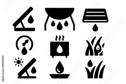 Dew Harvesting Technology Icons. Solid style icons of dew harvesting technology: angled dew panel, morning moisture collector,