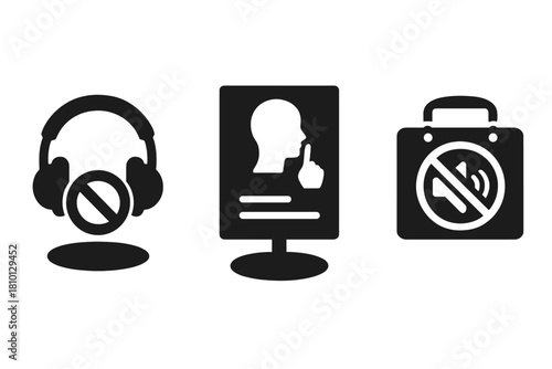 Quiet Campus Icons. Solid style icons of quiet campus signage: headphone zone glyph, silence request icon, hallway badge. Floor