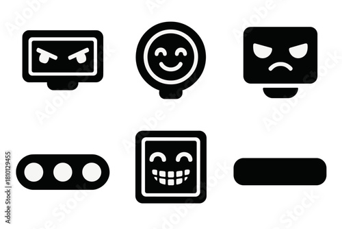 Robot Emotion Icons. Solid style icons of robot expression panels: emotive LED eyes, reaction display badge, animated faceplate