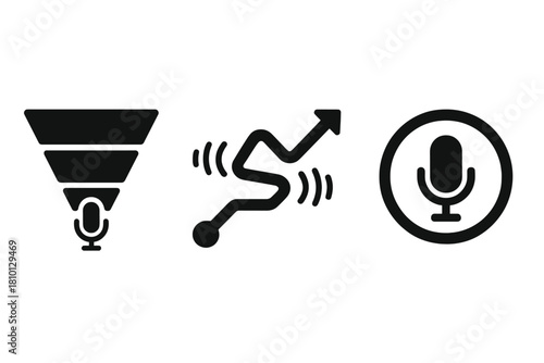Voice Shopping Icons. Solid style icons of voice-based shopping journeys: funnel chart with mic stages, buyer path with wave