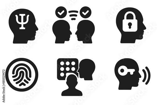 Telepathic Security Icons. Solid style icons of telepathic security layers: psi-authentication icon, multi-factor thought check,