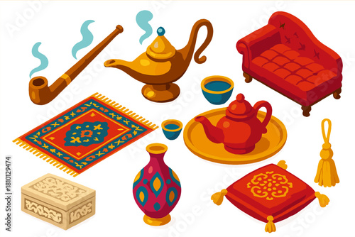 Classic Literature Icons. Isometric vector illustration set Classic literature – opium pipe, smoky lamp, velvet settee; oriental