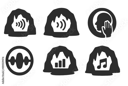 Cave Sound Icons. Solid style icons of acoustic cave experiences: sound wave in cavern glyph, echo icon, listen badge. Reverb ring
