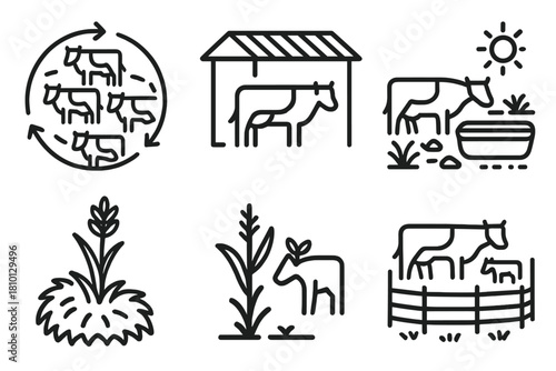 Desert Livestock Management Icons. Line style icons of desert livestock management: rotational grazing plan, shaded animal shelter