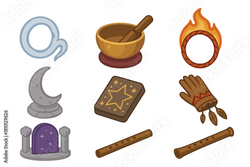 Isometric Ritual Symbols. Isometric vector illustration set of Cultural rituals: smoke ring symbol, spirit sound bowl, flame