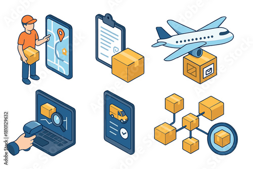 Logistics & Delivery Essentials. Isometric vector illustration set of Logistics and Delivery: courier route planner, shipping