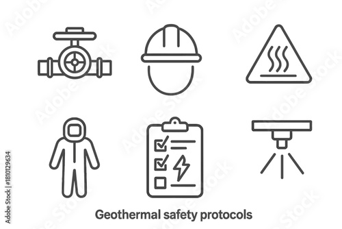 Geothermal Safety Icons. Line style icons of geothermal safety protocols: emergency shutoff valve, safety helmet icon, steam