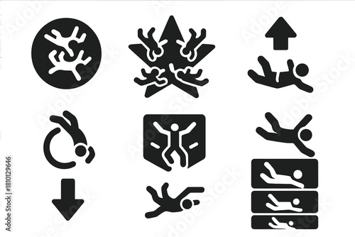 Altitude Formation Icons. Solid style icons of altitude-based formations: high circle icon, mid-dive star badge, low breakaway