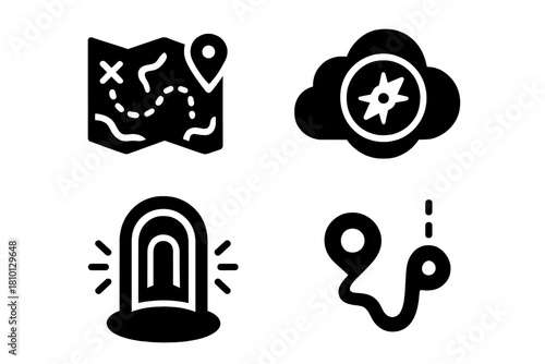 Lucid Dream Navigation. Solid style icons of lucid dream navigation: floating map symbol, direction compass in cloud, teleport