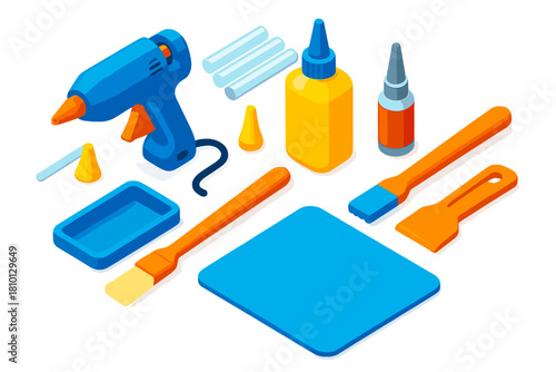 Art Glue Supplies. Isometric vector illustration set Art supplies – glue gun, hot glue sticks, silicone tip; PVA glue bottle,