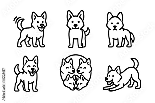 Sled Dog Emotions. Line style icons of sled dog emotions: excited tail wag, alert ears up, tired eyes, happy tongue out, bonded