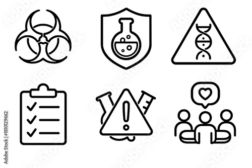 Biosafety and Ethics Icons. Line style icons of biosafety and ethics: biohazard warning icon, containment protocol badge, gene
