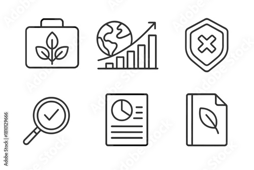 Ethical Investing Icons. Line style icons of ethical investing: ESG portfolio icon, impact investing chart, exclusion policy badge