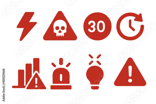 Long Exposure Warning Icons. Solid style icons of long exposure warning symbols: red flash glyph, skull triangle icon, max limit