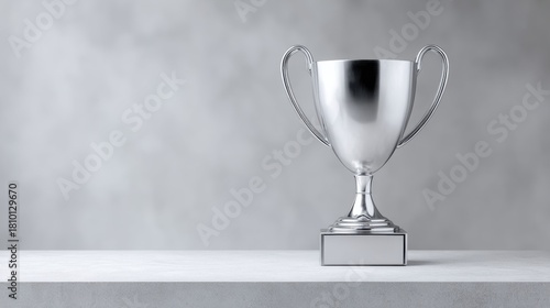 Shiny silver trophy on textured surface with soft lighting. Clean composition emphasizing sports victory, achievement and competitive excellence