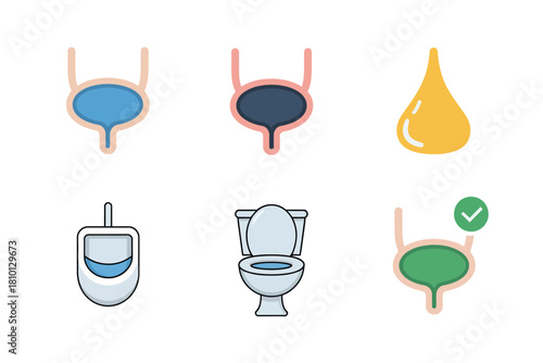 Urology icon collection, different bladder states, toilet icons, urinal device, urine drop, check mark, patient care, healthcare vector