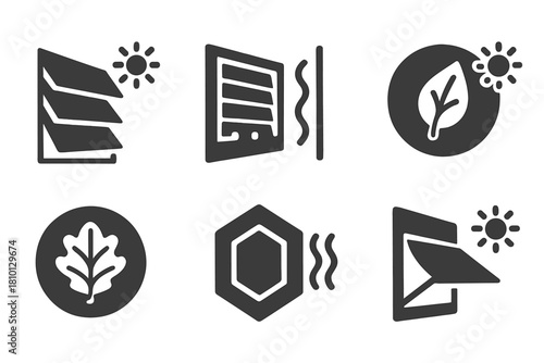 Climate-Responsive Facades Icons. Solid style icons of climate-responsive facades: solar shifting skin, temperature-sensitive