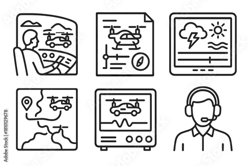 Flying Taxi Innovations. Line style icons of flying taxi testing and research: simulation cockpit icon, drone prototype design,