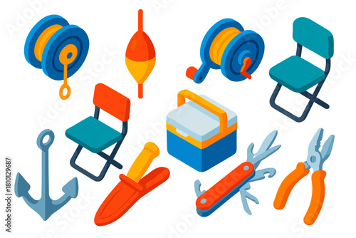 Bright Fishing Gear Icons. Isometric vector illustration set Fishing equipment – handline spool, drift bobber, hand reel; bucket