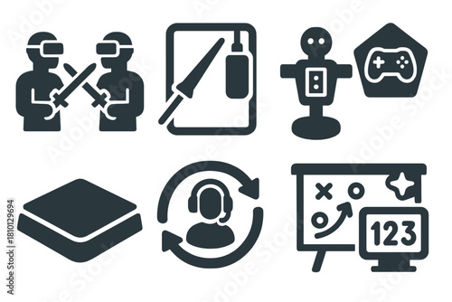 Training Icons Collection. Solid style icons of training sessions and simulations: virtual duel icon, sandbag lance panel,