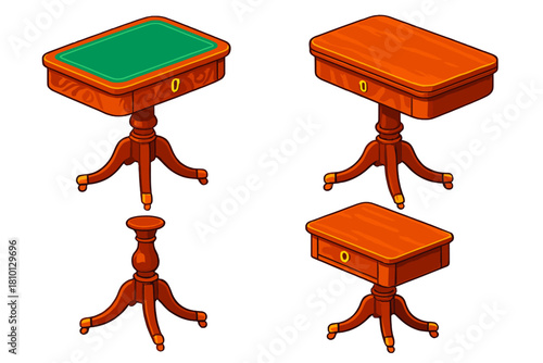 Antique Regency Furniture Icons. Isometric vector illustration set Antique furniture – Regency card table, fold-over top, painted