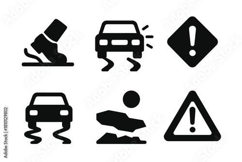 Danger Sign Icons. Solid style icons of danger signs and warning moments: slipping shoe icon, sudden brake panel, obstacle alert