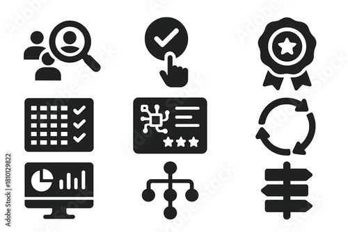 Strategic Sourcing Icons. Solid style icons of strategic sourcing optimization: multi-vendor analysis icon, best-fit selector,