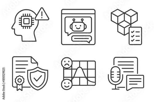 Whistleblowing Tech Icons. Line style icons of next-gen whistleblowing tech: AI risk detection icon, chatbot report interface,