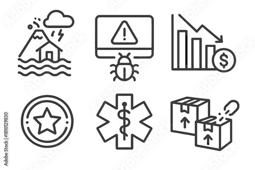 Crisis Icons Collection. Line style icons of crisis types: natural disaster icon, cyberattack alert, financial collapse chart, PR