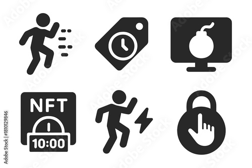 Ephemeral NFT Icons. Solid style icons of ephemeral NFT content: disappearing pose symbol, time-limited act tag, self-destruct
