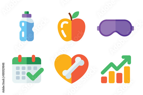Healthy lifestyle icons, water bottle, apple fruit, sleep mask, calendar check, heart monitoring, progress chart arrow, wellness vector